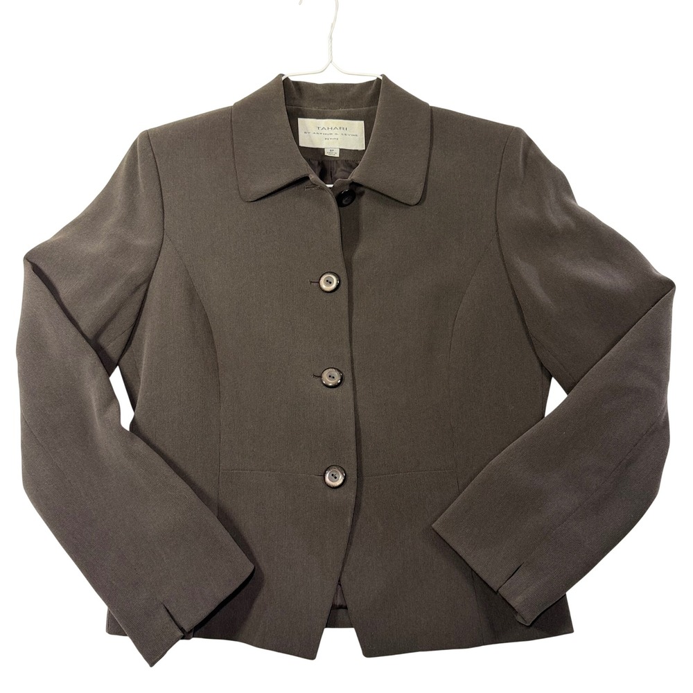 Tahari Olive Brown Petite Blazer Jacket Size 8P